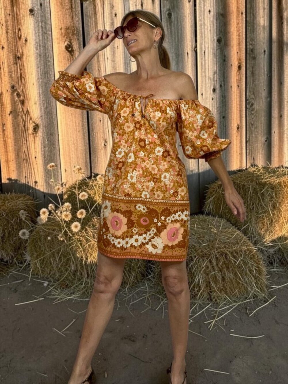 Spell and The Gypsy Anne Tunic Dress M Tan Floral Mini Off The Shoulder